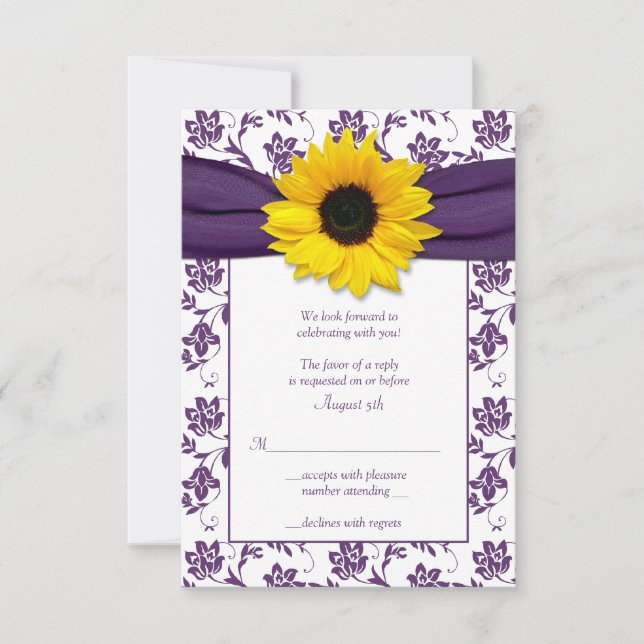 Carte de réponse Mariage damassé Florale violet et (Devant)
