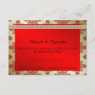 Carte de réponse Mariage damassé Red et Gold India