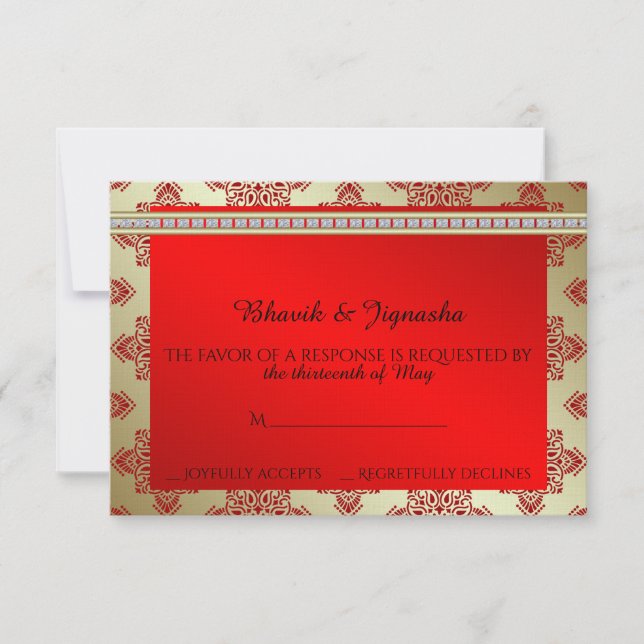 Carte de réponse Mariage damassé Red et Gold India (Devant)