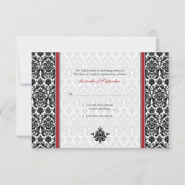 Carte de réponse Mariage damassé Rouge, Noir, Blan (Devant)