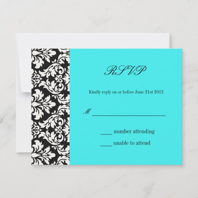 Carte de réponse Mariage damassé Turquoise RSVP (Devant)