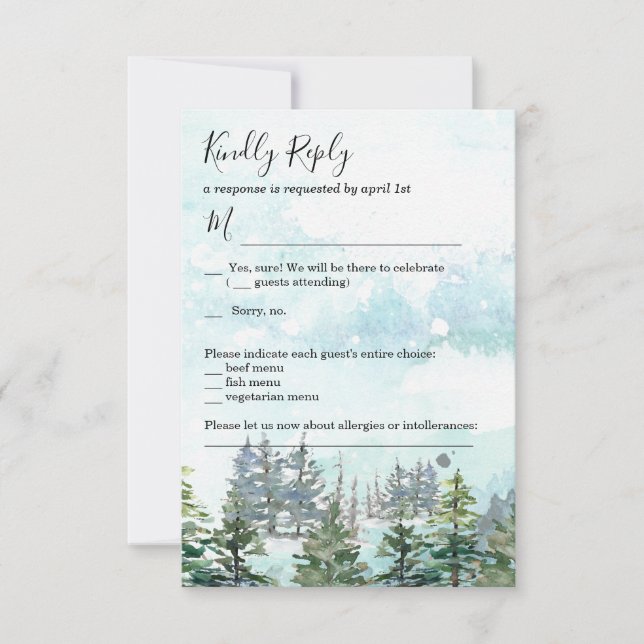 Carte de réponse mariage d'hiver sapins enneigés (Devant)