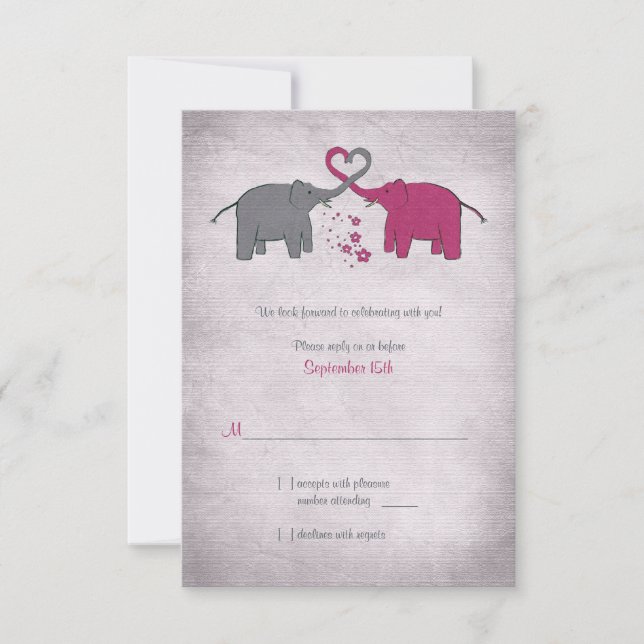 Carte de réponse Mariage rose et gris Elephant (Devant)
