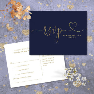 Carte de réponse Navy Blue et Or Heart Script pour