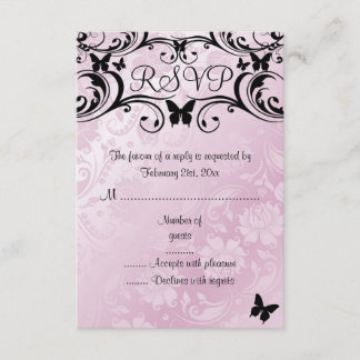 Carte de réponse papillon et fleur rose et noir