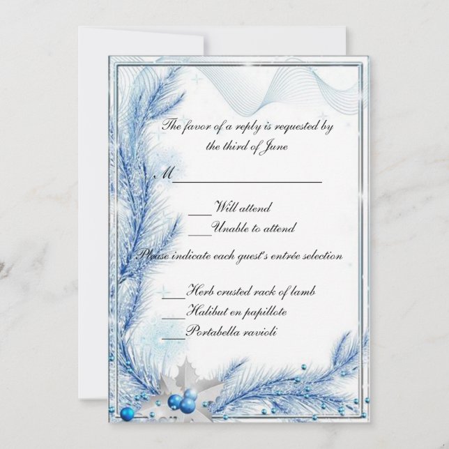Carte de réponse pour mariage d'hiver au pin bleu  (Devant)