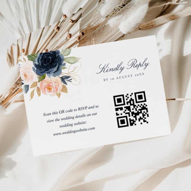 Carte de réponse QR code avec fleurs roses et bleu (Créateur téléchargé)