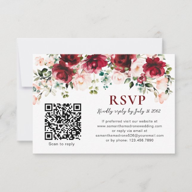 Carte de réponse QR Code Mariage Floral Burgundy B (Devant)
