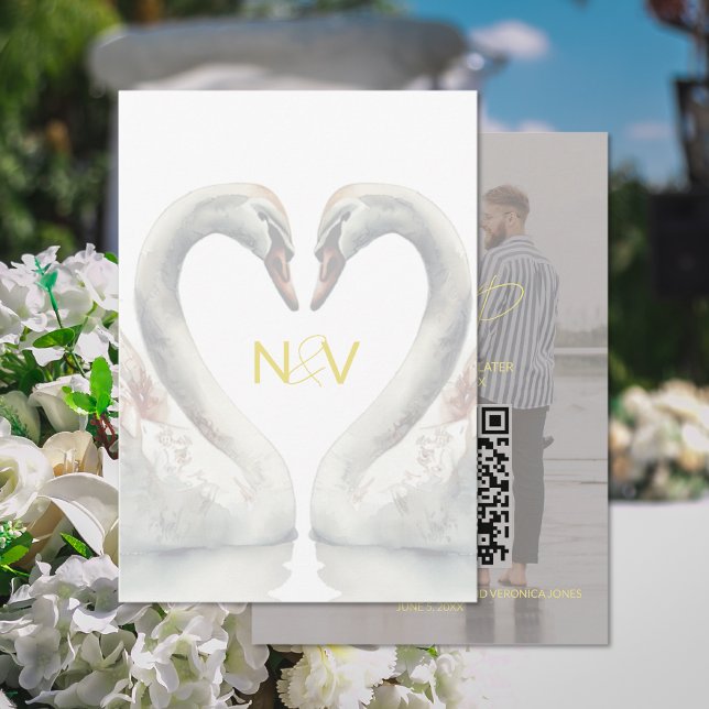 Carte de réponse QR code pour mariage aux cygnes (Swan Wedding RSVP QR Code Card (front and back))