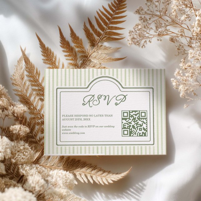 Carte de réponse QR code rayée pour mariage vert (Créateur téléchargé)