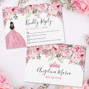 Carte de réponse Quinceanera rose floral blush