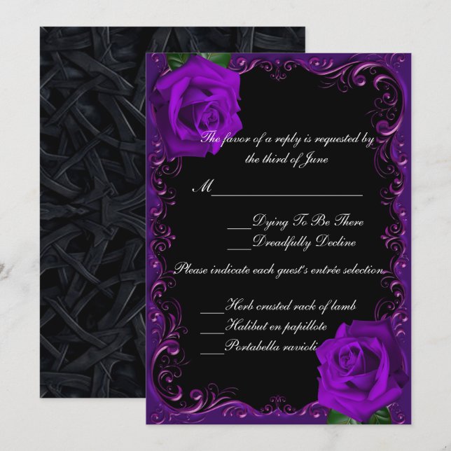 Carte de réponse Roses violettes gothiques élégant (Devant / Derrière)