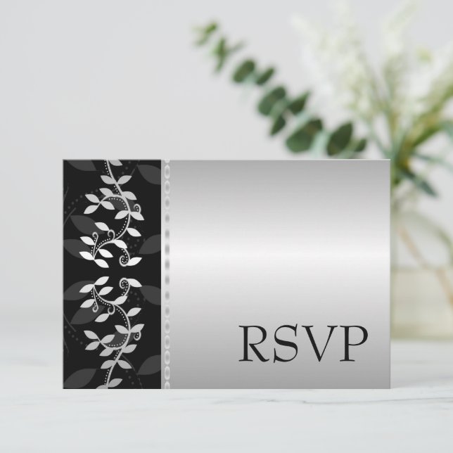 Carte de réponse RSVP à bordure de feuille d'argen (Debout devant)