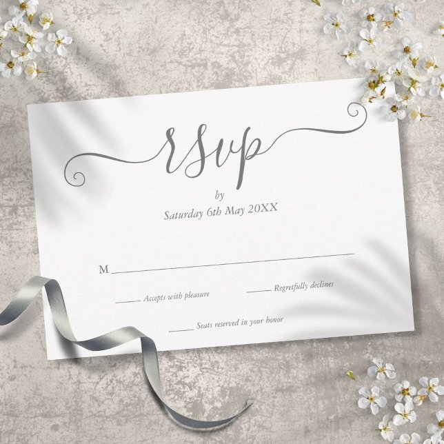 Carte de réponse RSVP à l'écriture élégante argent (Elegant Silver Signature Script RSVP Card)