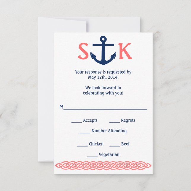 Carte de réponse RSVP Ancre Naútica Bleu marine et (Devant)