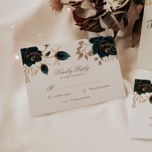 Carte de réponse RSVP Aquarelle Or et Roses verts