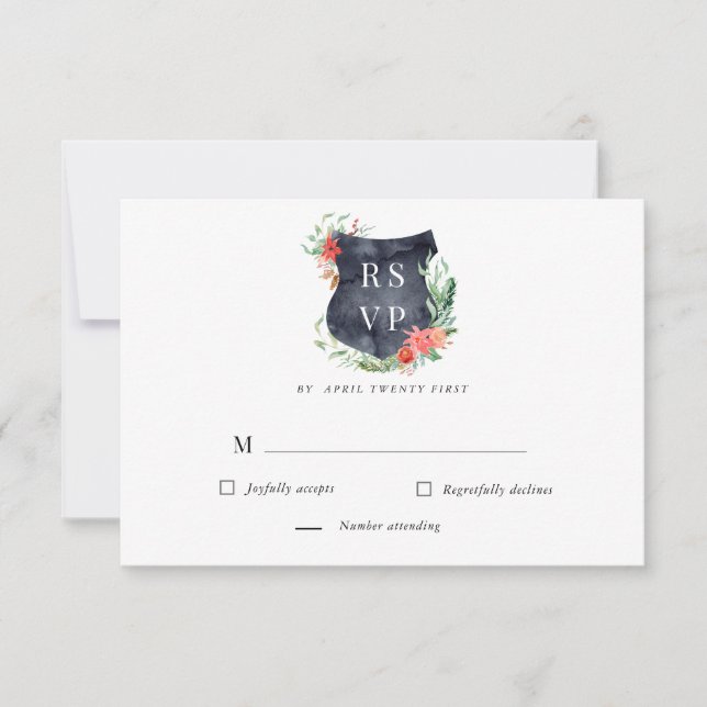 Carte de réponse RSVP au blason aquarelle florale (Devant)