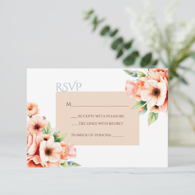 Carte de réponse RSVP au motif floral rose pêche é (Debout devant)