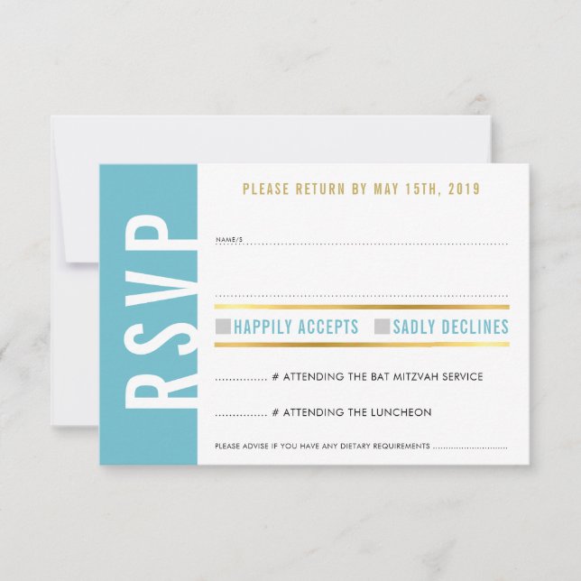 CARTE DE RÉPONSE RSVP cœurs turquoise blanc or (Devant)