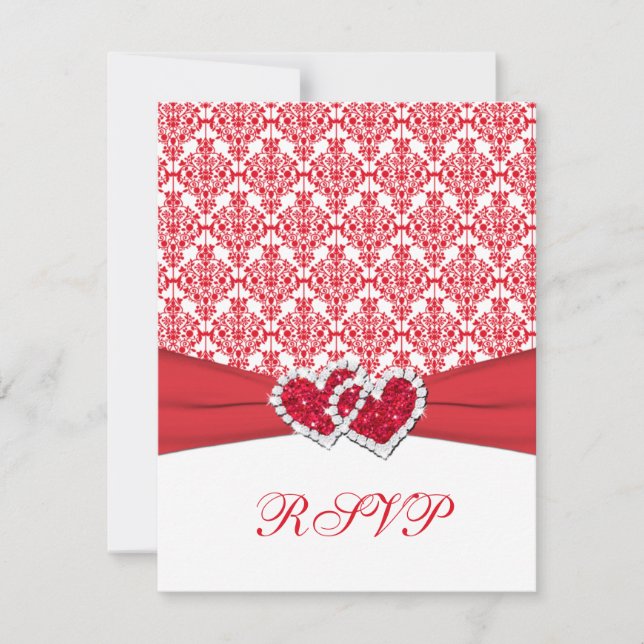 Carte de réponse RSVP Damask Rouge & Blanc & Cœurs (Devant)