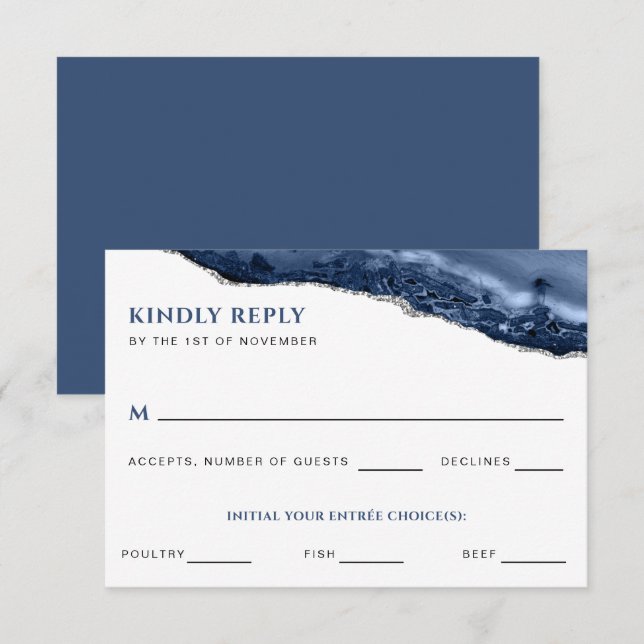 Carte de réponse RSVP de Geode Agate Bleu et Argen (Devant / Derrière)