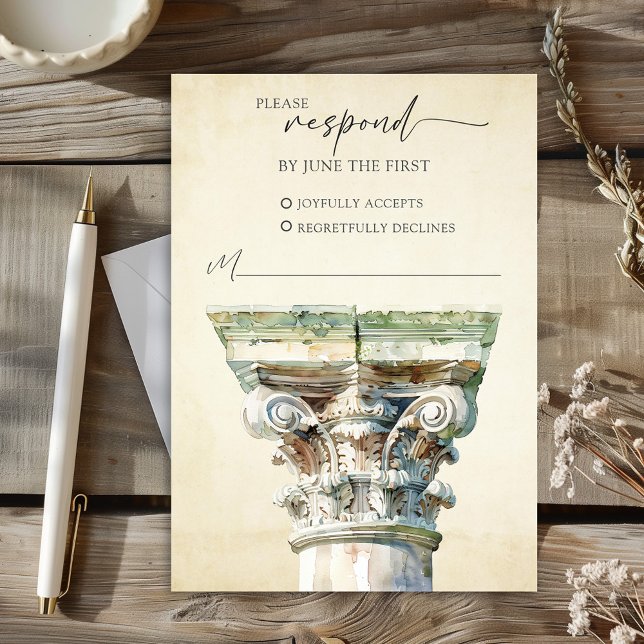 Carte de réponse RSVP de mariage de colonne grecqu (Watercolor Greek Column Wedding RSVP Response Card)