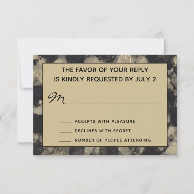 Carte de réponse RSVP de mariage Elegant Or et Noi (Devant)