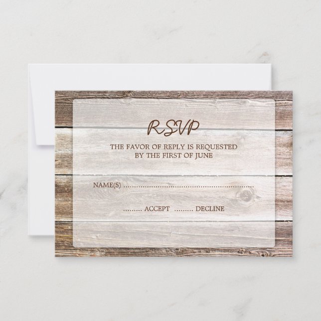 Carte de réponse RSVP de mariage en bois de grange (Devant)