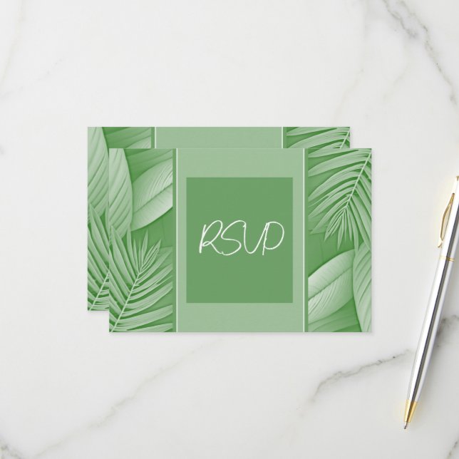 Carte de réponse RSVP de mariage Thème vert tropic (Devant/Arrière en situation)