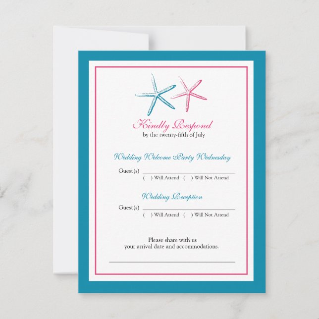 Carte de réponse RSVP Deux Étoiles de Mer Paon et  (Devant)