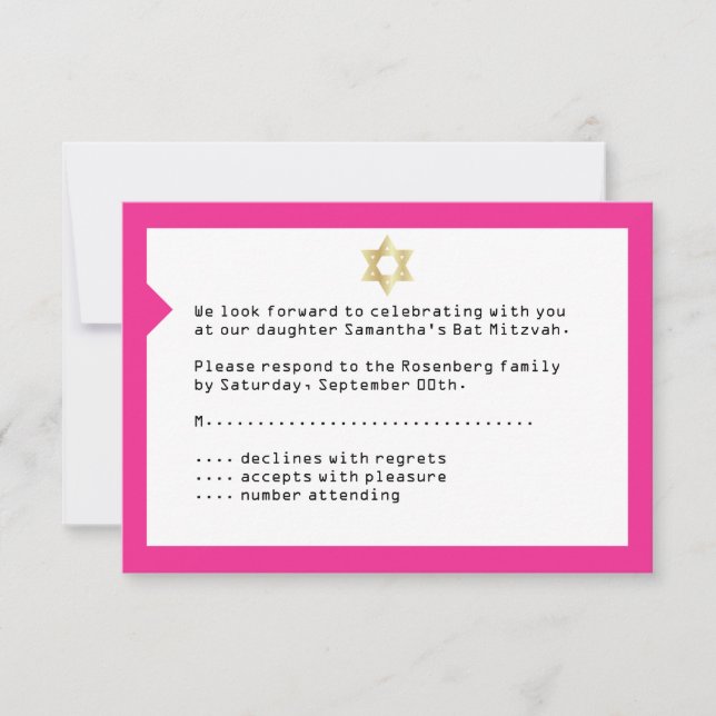 Carte de réponse RSVP du Bat mitzvah de billets de (Devant)