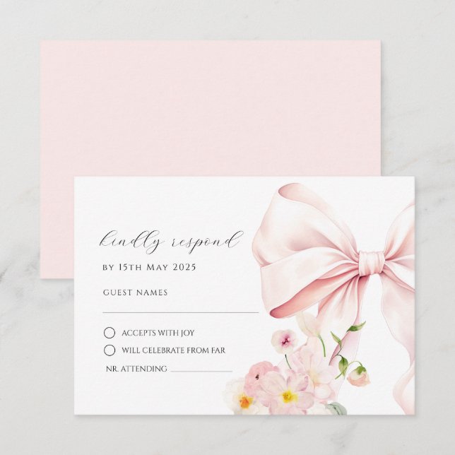 Carte de réponse RSVP élégante avec nœud rose Flor (Devant / Derrière)