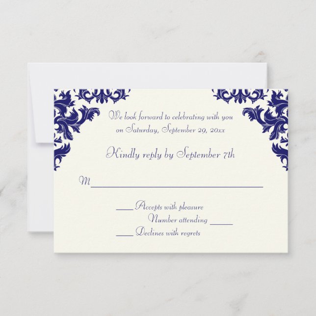 Carte de réponse RSVP en damas Navy et ivoire (Devant)