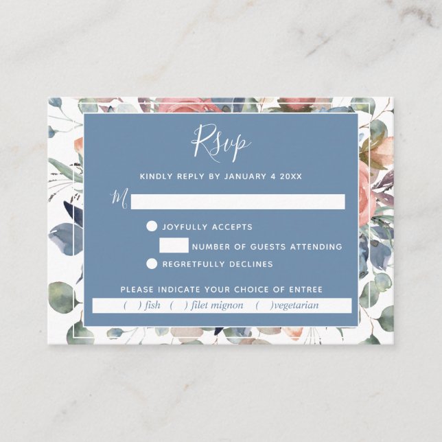 Carte de réponse RSVP Fleurs de rêve Bleu poussiér (Devant)