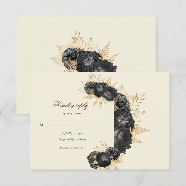 Carte de réponse RSVP fleurs roses noires aquarell (Devant / Derrière)