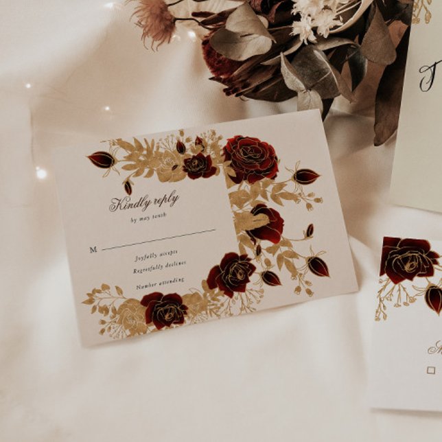 Carte de réponse RSVP Floral Rose Aquarelle Or (Créateur téléchargé)