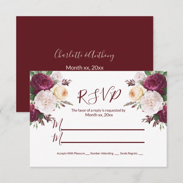 Carte de réponse RSVP florale Burgundy (Devant / Derrière)