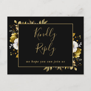 Carte de réponse RSVP florale noire et or avec dem