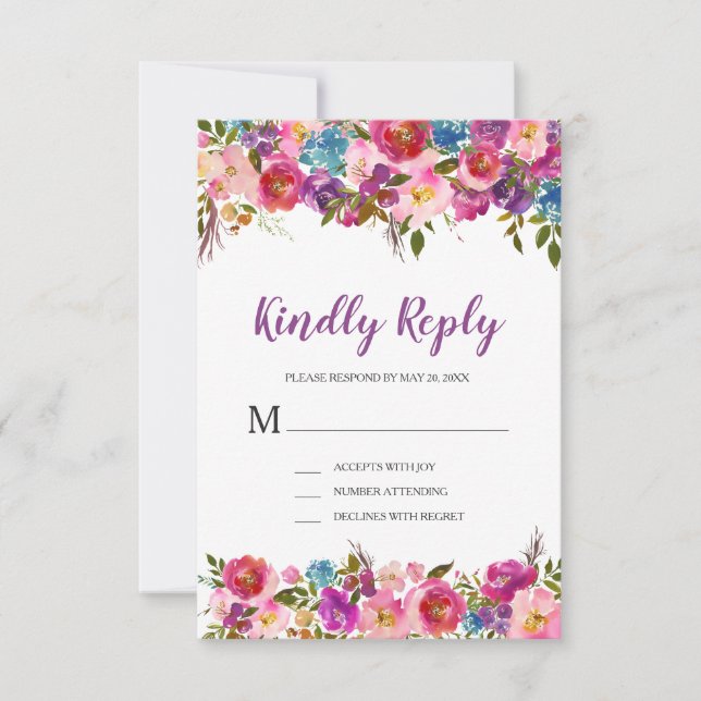 Carte de réponse RSVP florale pourpre (Devant)