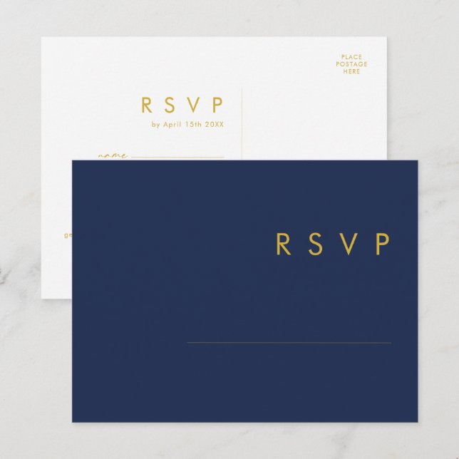 Carte de réponse RSVP moderne bleu marine | or pou (Devant / Derrière)