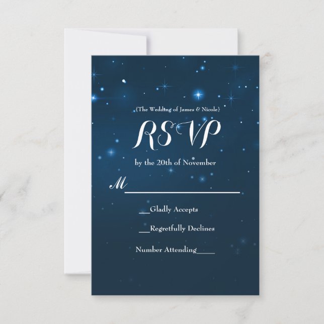 Carte de réponse RSVP pour mariage bleu étoilé (Devant)