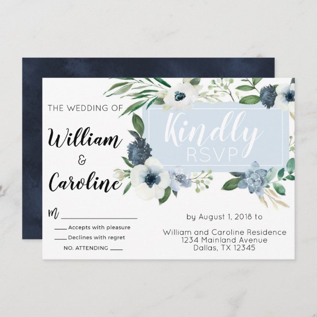 Carte de réponse RSVP pour mariage floral Anémone  (Devant / Derrière)
