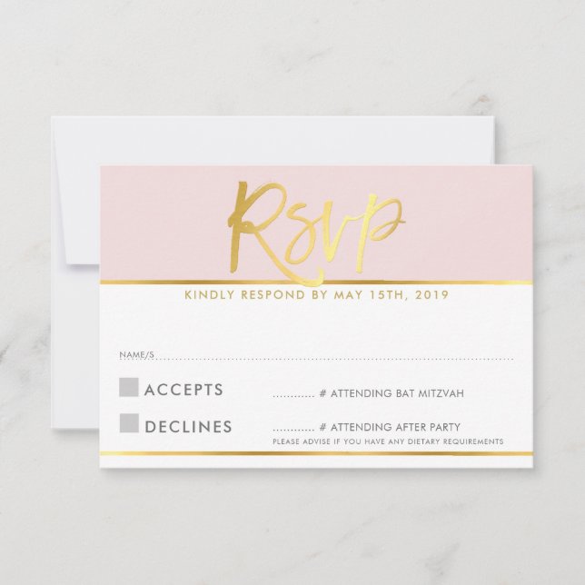 CARTE DE RÉPONSE RSVP rose poudré écriture dorée (Devant)