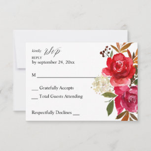 Carte de réponse sans repas Fleur rose rouge et ro