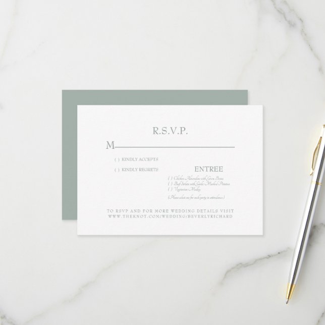 Carte de réponse simple de mariage Sage & Blanc (Devant/Arrière en situation)