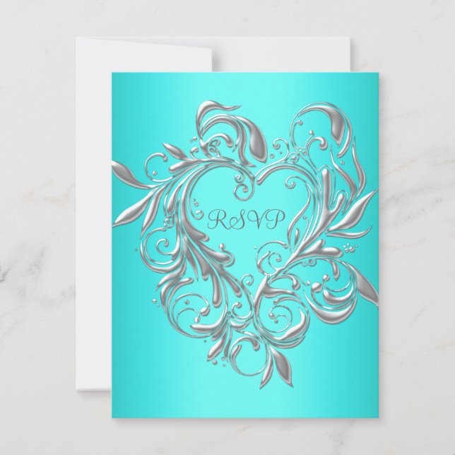 Carte de réponse turquoise Blue Silver Heart RSVP (Devant)
