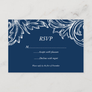 Carte de réponse vintage Damask RSVP NAVY White