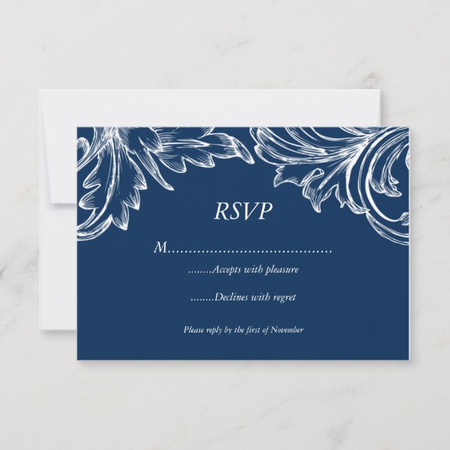 Carte de réponse vintage Damask RSVP NAVY White (Devant)