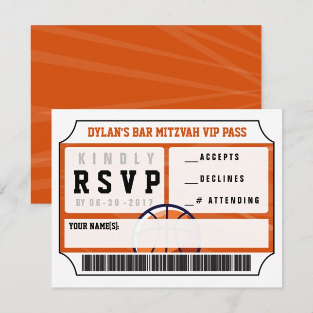 CARTE DE RÉPONSE VIP BASKETBALL Bar Mitzvah (Devant / Derrière)
