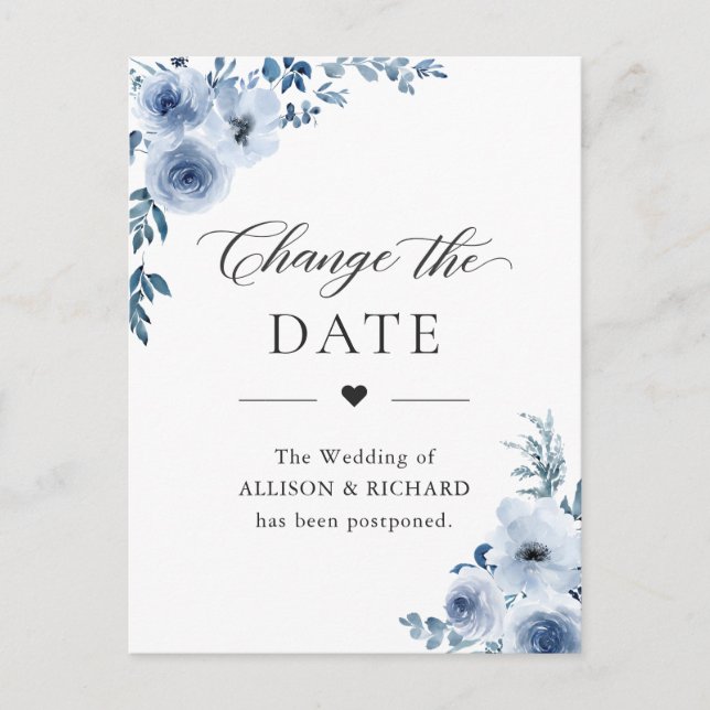 Carte de report de date de mariage Fleurs Bleu Pou (Devant)